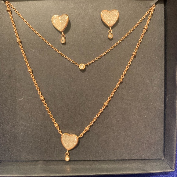 Fossil Double/Folded Heart Necklace and Earrings in rose gold - Picture 1 of 5